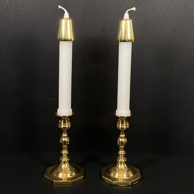 LOT 77: Brass Desk Lamp and Pair of Forged Baldwin Brass Candle Holders
