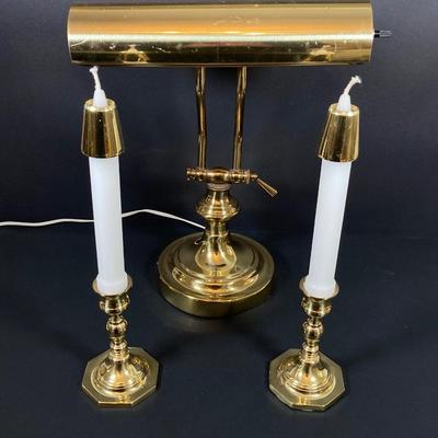 LOT 77: Brass Desk Lamp and Pair of Forged Baldwin Brass Candle Holders