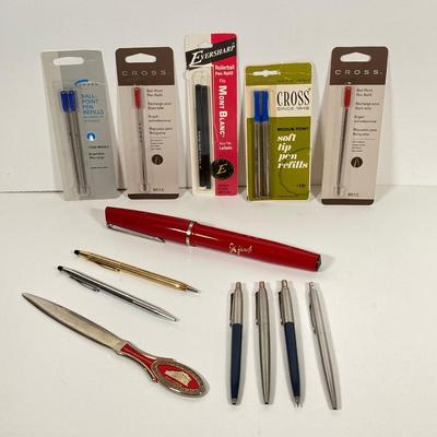 LOT 79: Pen Collection - Cross, Parker, John Wanamaker, Refills and Greek Letter Opener