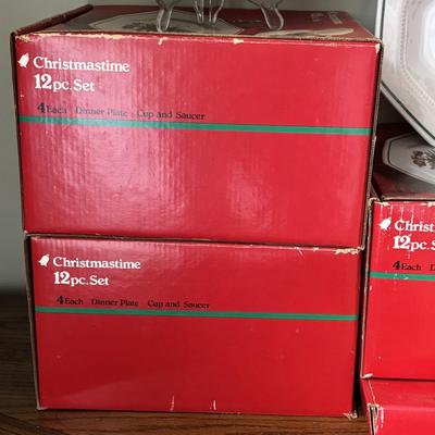 LOT 82: Nikko Christmastime China - 3 Boxes of Cups, Saucers and Plates, Two Tier Tray In Box, 3 Boxes of Salad Plates, a Serving...