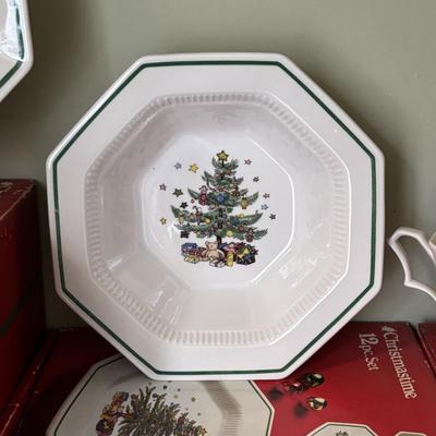 LOT 82: Nikko Christmastime China - 3 Boxes of Cups, Saucers and Plates, Two Tier Tray In Box, 3 Boxes of Salad Plates, a Serving...