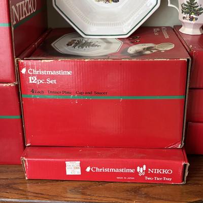 LOT 82: Nikko Christmastime China - 3 Boxes of Cups, Saucers and Plates, Two Tier Tray In Box, 3 Boxes of Salad Plates, a Serving...