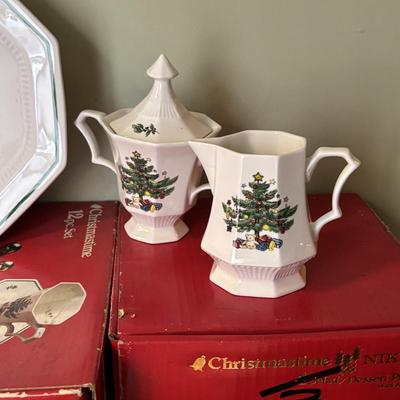 LOT 82: Nikko Christmastime China - 3 Boxes of Cups, Saucers and Plates, Two Tier Tray In Box, 3 Boxes of Salad Plates, a Serving...