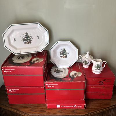 LOT 82: Nikko Christmastime China - 3 Boxes of Cups, Saucers and Plates, Two Tier Tray In Box, 3 Boxes of Salad Plates, a Serving...