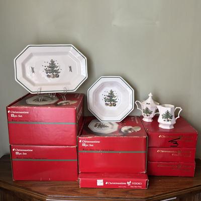 LOT 82: Nikko Christmastime China - 3 Boxes of Cups, Saucers and Plates, Two Tier Tray In Box, 3 Boxes of Salad Plates, a Serving...