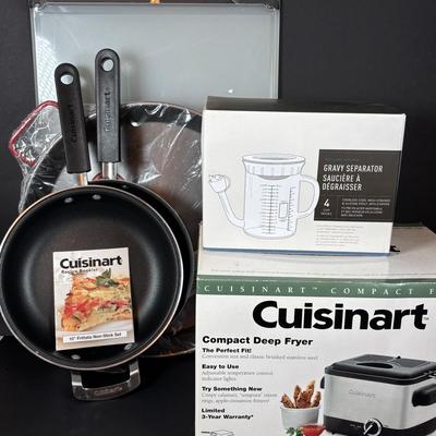 LOT 84: Cuisinart Compact Deep Fryer In Box, (2) Cuisinart 10" Frittata Pans, Glass Gravy Separator in Box, Cutting Board and More