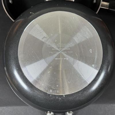 LOT 84: Cuisinart Compact Deep Fryer In Box, (2) Cuisinart 10" Frittata Pans, Glass Gravy Separator in Box, Cutting Board and More