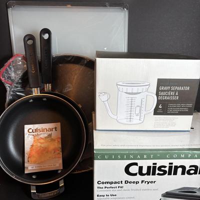LOT 84: Cuisinart Compact Deep Fryer In Box, (2) Cuisinart 10" Frittata Pans, Glass Gravy Separator in Box, Cutting Board and More