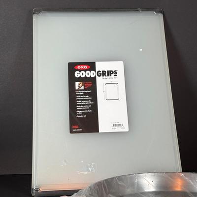 LOT 84: Cuisinart Compact Deep Fryer In Box, (2) Cuisinart 10" Frittata Pans, Glass Gravy Separator in Box, Cutting Board and More