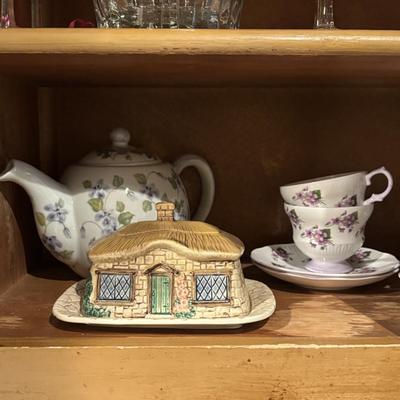 LOT 85: Kitchen Cabinet Lot - Contents Include China, Glasses Teapot Crystal and Much More