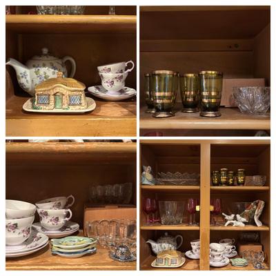 LOT 85: Kitchen Cabinet Lot - Contents Include China, Glasses Teapot Crystal and Much More