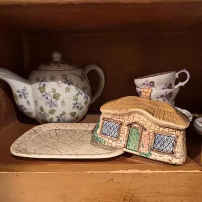 LOT 85: Kitchen Cabinet Lot - Contents Include China, Glasses Teapot Crystal and Much More