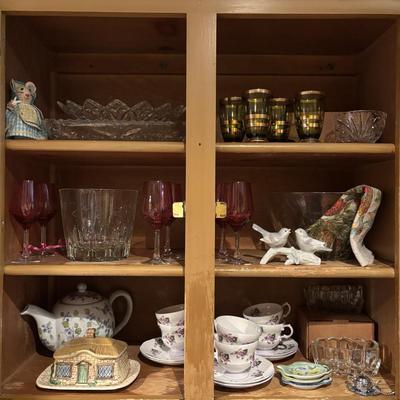 LOT 85: Kitchen Cabinet Lot - Contents Include China, Glasses Teapot Crystal and Much More