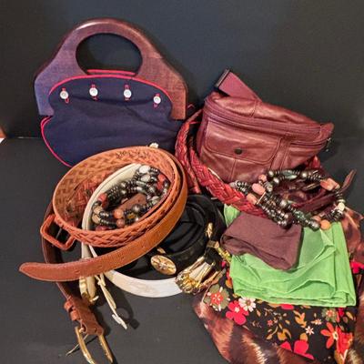 LOT 86: Vintage Fashion Accessories Including Italian Leather and Other Belts, Bags, Scarfs and More