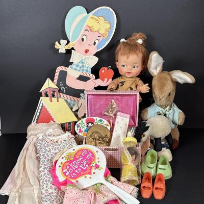 LOT 87: Vintage Toy Collection Pebbles Doll, Doll Cloths, Peter Rabbit Plush and More