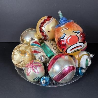 LOT 90: De Carlini Clown Christmas Ornament and Other Glass Bulbs and Ornaments