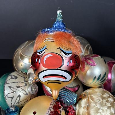 LOT 90: De Carlini Clown Christmas Ornament and Other Glass Bulbs and Ornaments