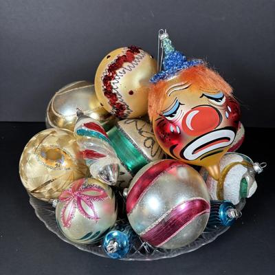 LOT 90: De Carlini Clown Christmas Ornament and Other Glass Bulbs and Ornaments