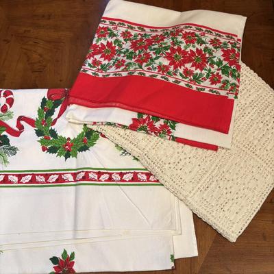 LOT 92: Assortment of Lacy ,Embroidered and Holiday Table Linens and More