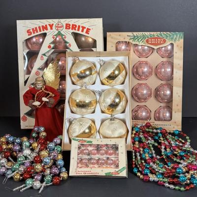 LOT 94: Vintage Glass Christmas Bulbs in Original Boxes,Plastic Beads and Porcelain Faced Angel Tree Topper