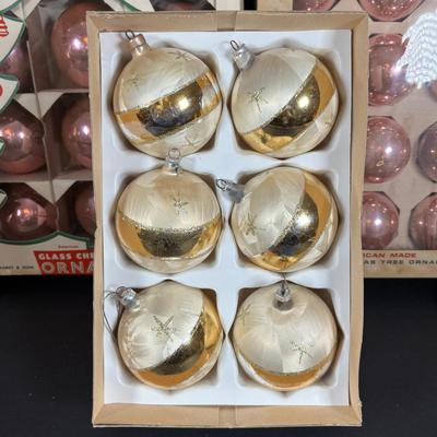 LOT 94: Vintage Glass Christmas Bulbs in Original Boxes,Plastic Beads and Porcelain Faced Angel Tree Topper