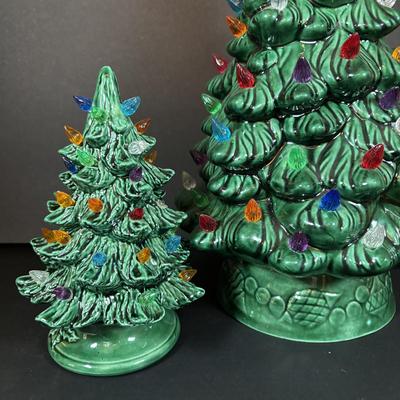 LOT 95: Vintage Holland Mold Lighted Ceramic Christmas Tree and Smaller Lighted Ceramic Christmas Tree