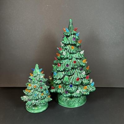 LOT 95: Vintage Holland Mold Lighted Ceramic Christmas Tree and Smaller Lighted Ceramic Christmas Tree