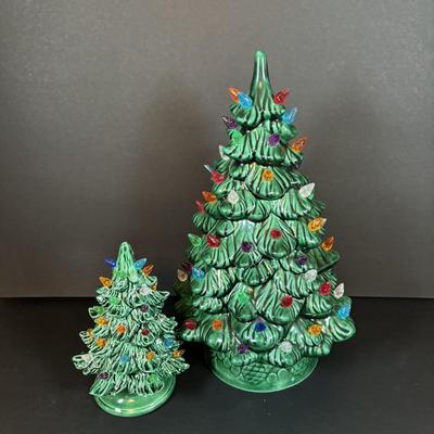 LOT 95: Vintage Holland Mold Lighted Ceramic Christmas Tree and Smaller Lighted Ceramic Christmas Tree