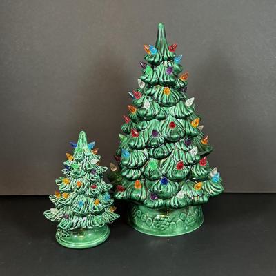 LOT 95: Vintage Holland Mold Lighted Ceramic Christmas Tree and Smaller Lighted Ceramic Christmas Tree