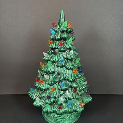 LOT 95: Vintage Holland Mold Lighted Ceramic Christmas Tree and Smaller Lighted Ceramic Christmas Tree