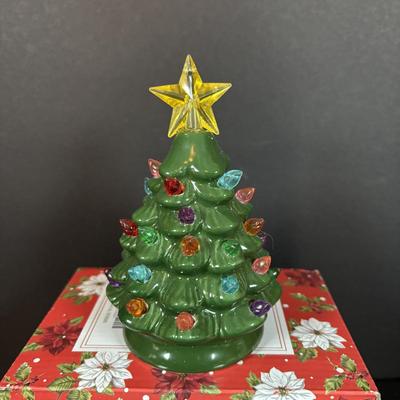 LOT 96: Collection of Ceramic Lighted Mini Christmas Trees, Ceramic Christmas Wreath and Holy Leaf Dish