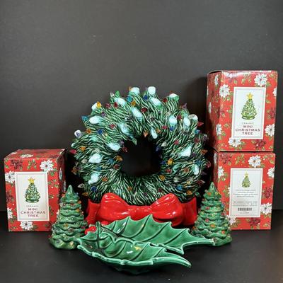 LOT 96: Collection of Ceramic Lighted Mini Christmas Trees, Ceramic Christmas Wreath and Holy Leaf Dish