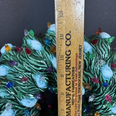 LOT 96: Collection of Ceramic Lighted Mini Christmas Trees, Ceramic Christmas Wreath and Holy Leaf Dish