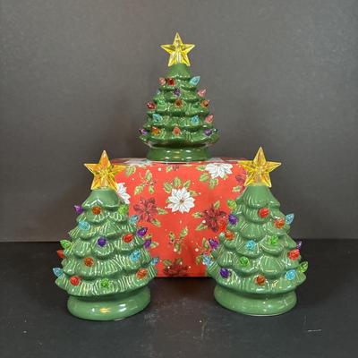 LOT 96: Collection of Ceramic Lighted Mini Christmas Trees, Ceramic Christmas Wreath and Holy Leaf Dish