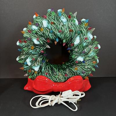 LOT 96: Collection of Ceramic Lighted Mini Christmas Trees, Ceramic Christmas Wreath and Holy Leaf Dish