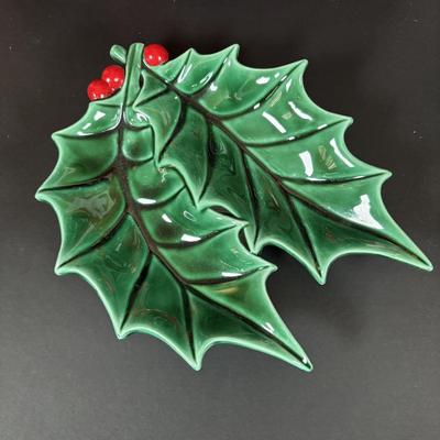 LOT 96: Collection of Ceramic Lighted Mini Christmas Trees, Ceramic Christmas Wreath and Holy Leaf Dish