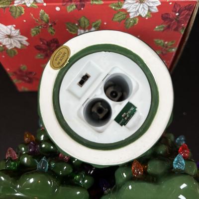 LOT 96: Collection of Ceramic Lighted Mini Christmas Trees, Ceramic Christmas Wreath and Holy Leaf Dish