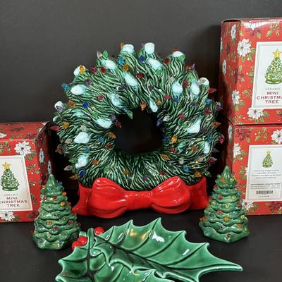 LOT 96: Collection of Ceramic Lighted Mini Christmas Trees, Ceramic Christmas Wreath and Holy Leaf Dish