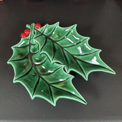 LOT 96: Collection of Ceramic Lighted Mini Christmas Trees, Ceramic Christmas Wreath and Holy Leaf Dish