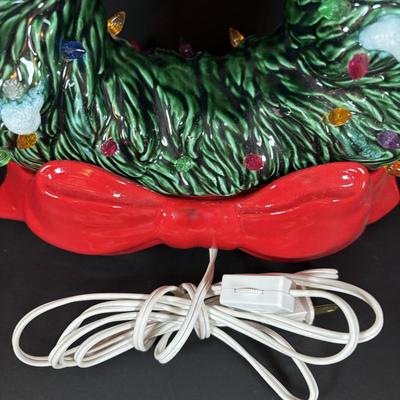 LOT 96: Collection of Ceramic Lighted Mini Christmas Trees, Ceramic Christmas Wreath and Holy Leaf Dish