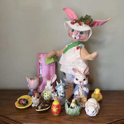 LOT 97: Sping is in the Air Collection of Easter Decor Featuring a Large Annalee Easter Bunny, Ceramic Bunnies and Duck, Eggs, and...