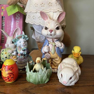 LOT 97: Sping is in the Air Collection of Easter Decor Featuring a Large Annalee Easter Bunny, Ceramic Bunnies and Duck, Eggs, and...