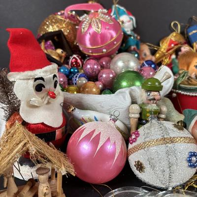 LOT 99: Large Assortment of Vintage Christmas Decoration Including Elves, Glass Balls, and Icicles, Knee Huggers, Kurt Adler Gumdrop...