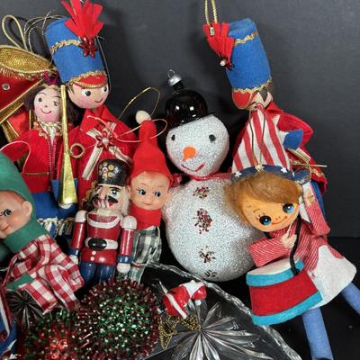 LOT 99: Large Assortment of Vintage Christmas Decoration Including Elves, Glass Balls, and Icicles, Knee Huggers, Kurt Adler Gumdrop...