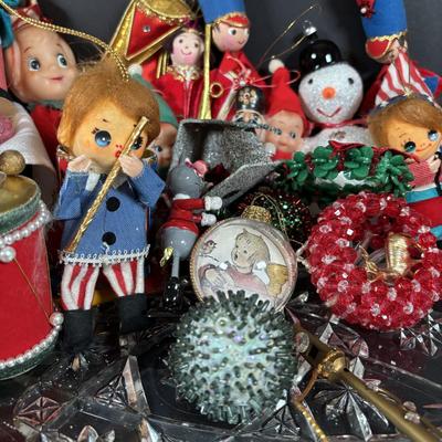 LOT 99: Large Assortment of Vintage Christmas Decoration Including Elves, Glass Balls, and Icicles, Knee Huggers, Kurt Adler Gumdrop...