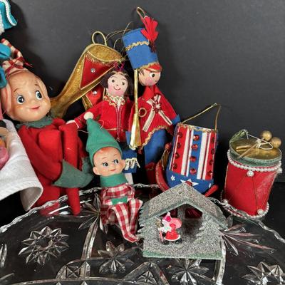 LOT 99: Large Assortment of Vintage Christmas Decoration Including Elves, Glass Balls, and Icicles, Knee Huggers, Kurt Adler Gumdrop...
