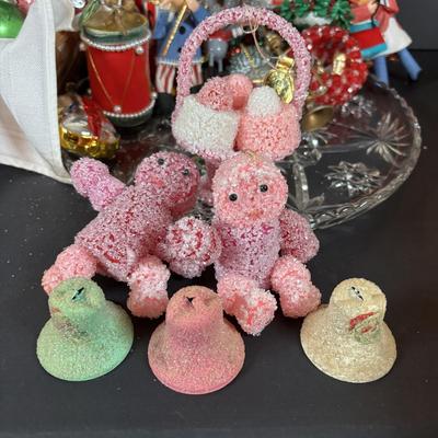 LOT 99: Large Assortment of Vintage Christmas Decoration Including Elves, Glass Balls, and Icicles, Knee Huggers, Kurt Adler Gumdrop...