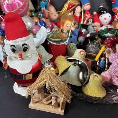 LOT 99: Large Assortment of Vintage Christmas Decoration Including Elves, Glass Balls, and Icicles, Knee Huggers, Kurt Adler Gumdrop...