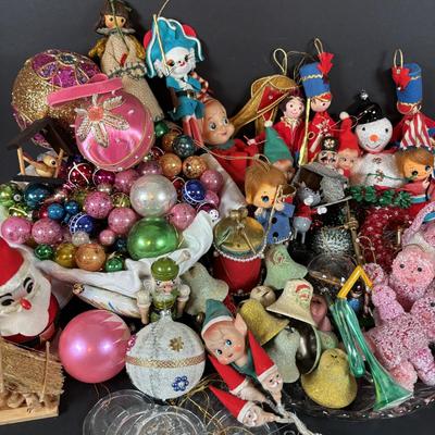 LOT 99: Large Assortment of Vintage Christmas Decoration Including Elves, Glass Balls, and Icicles, Knee Huggers, Kurt Adler Gumdrop...