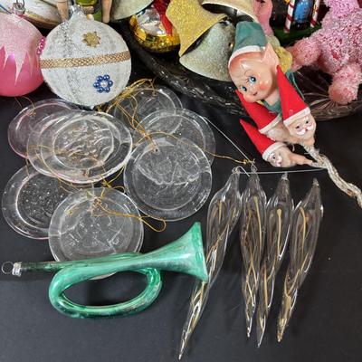 LOT 99: Large Assortment of Vintage Christmas Decoration Including Elves, Glass Balls, and Icicles, Knee Huggers, Kurt Adler Gumdrop...